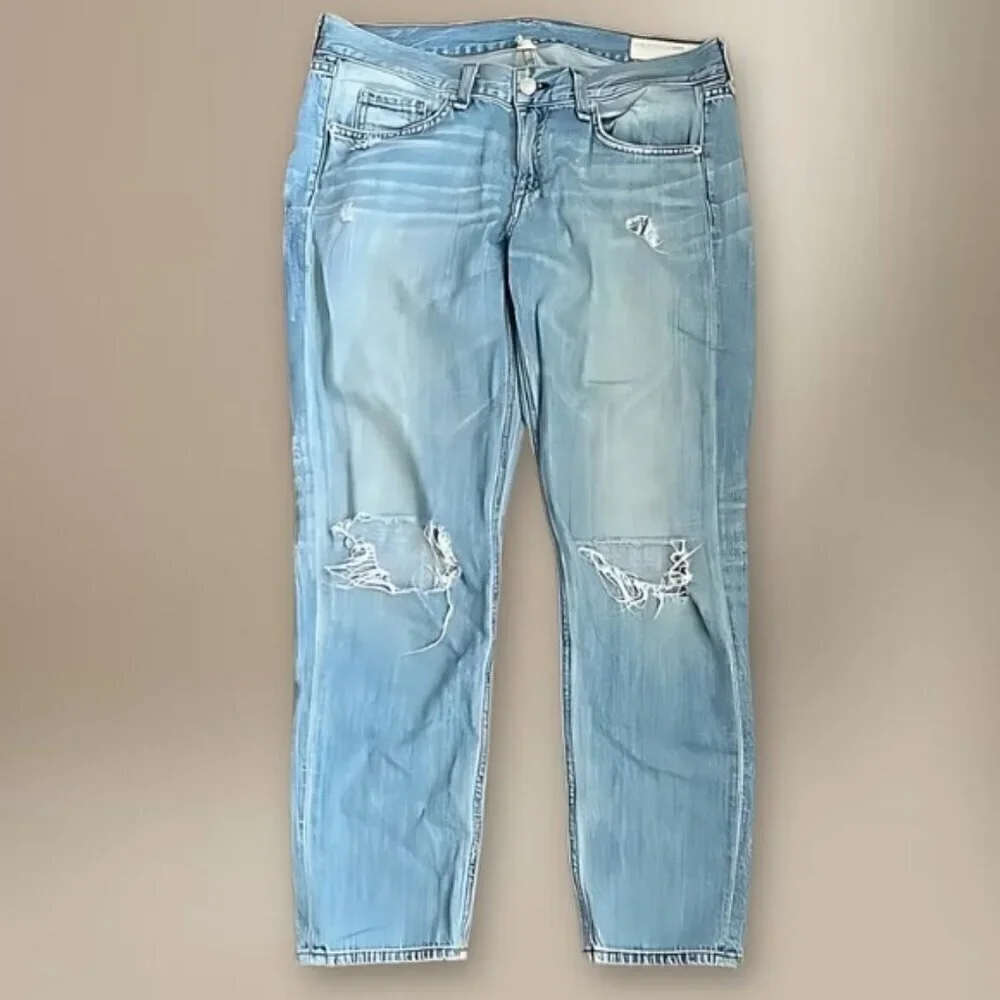 Rag & Bone Straight Leg Jeans Low Rise Cropped Distressed Blue Light Wash W 26